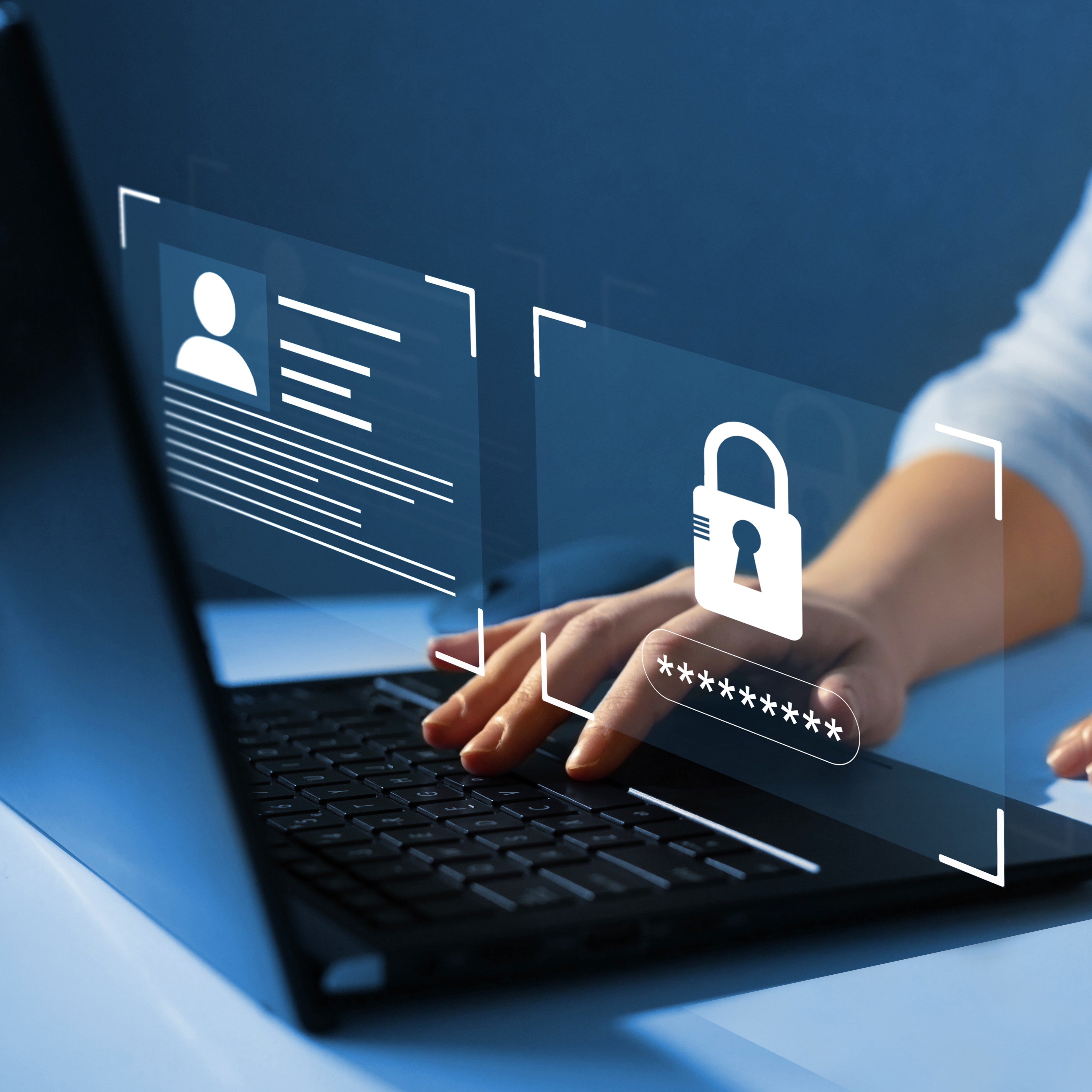 A lawyer typing on a laptop with a graphic of a lock overlaid.