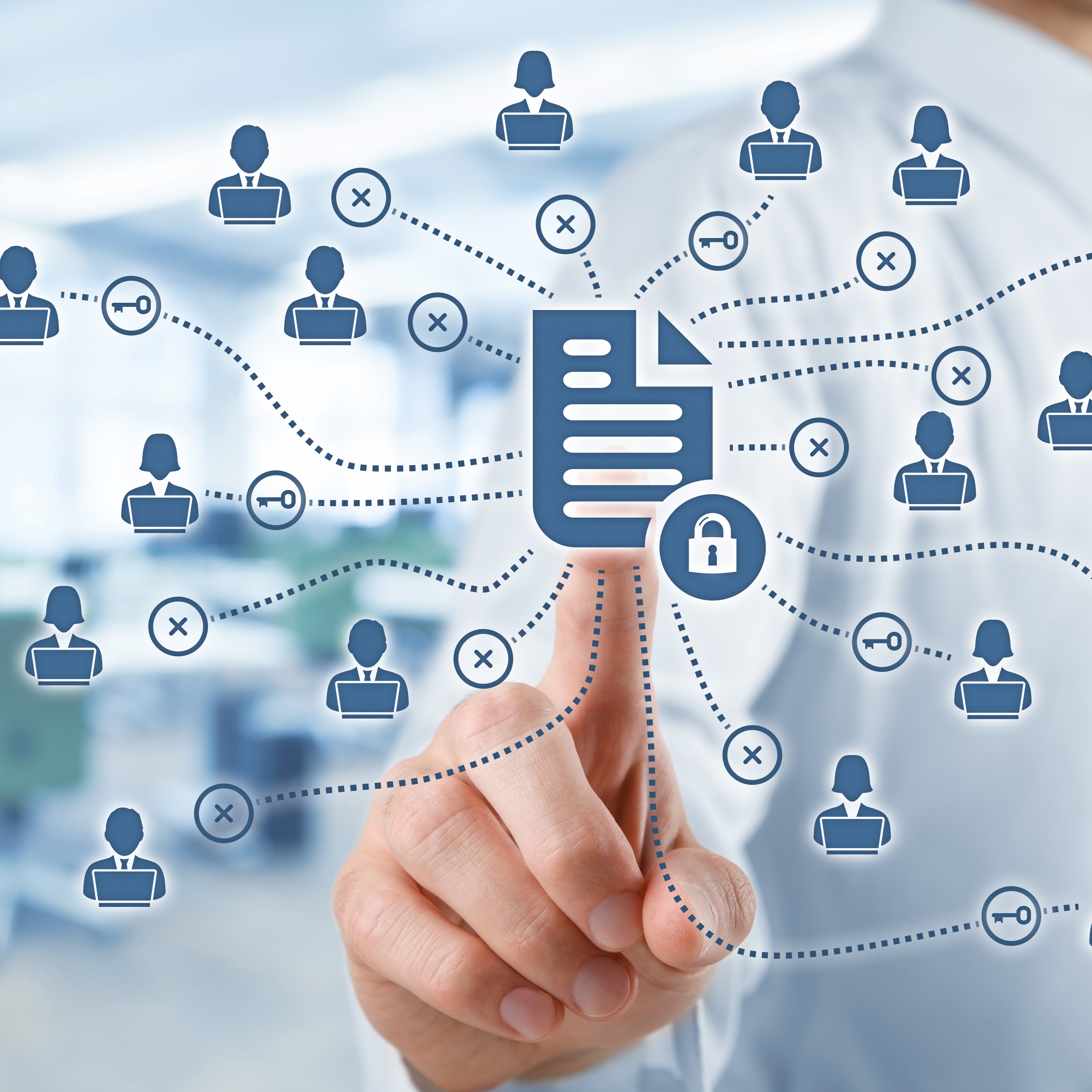 A graphic of a document icon with a web of lines leading to icons of people.