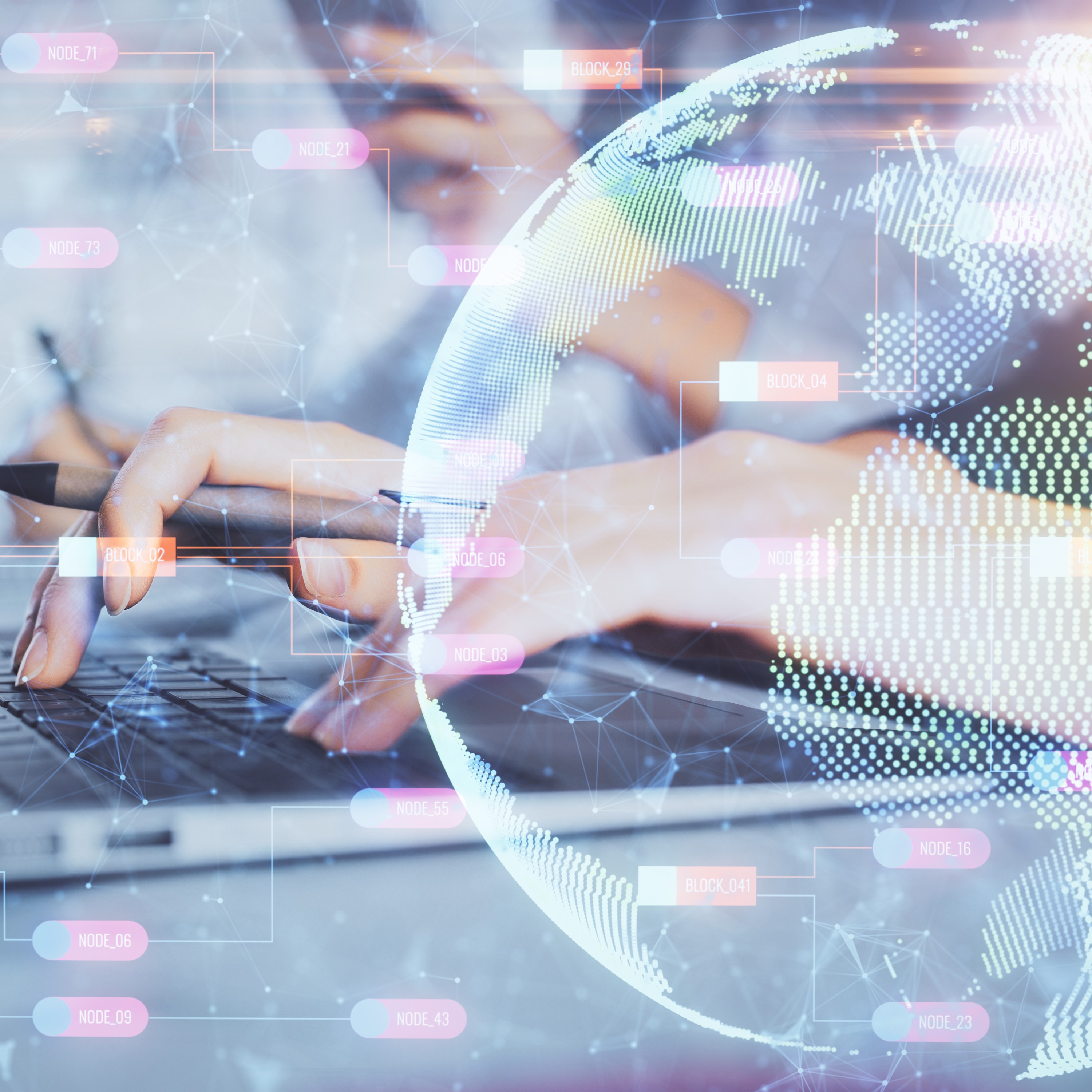 A person working on their laptop with a graphic of the globe overlaid on the image.