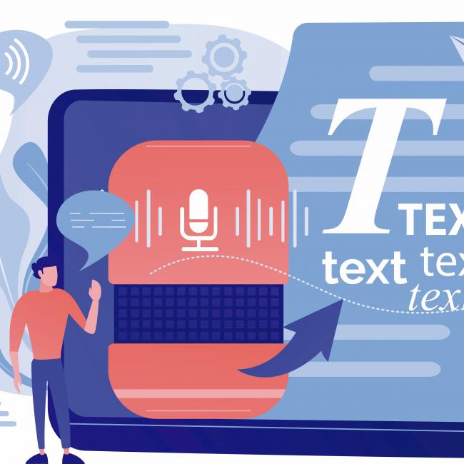 Stylized illustration of a man standing next to a computer monitor. The monitor shows the computer recording the man's speech and transcribing it on a word doc.