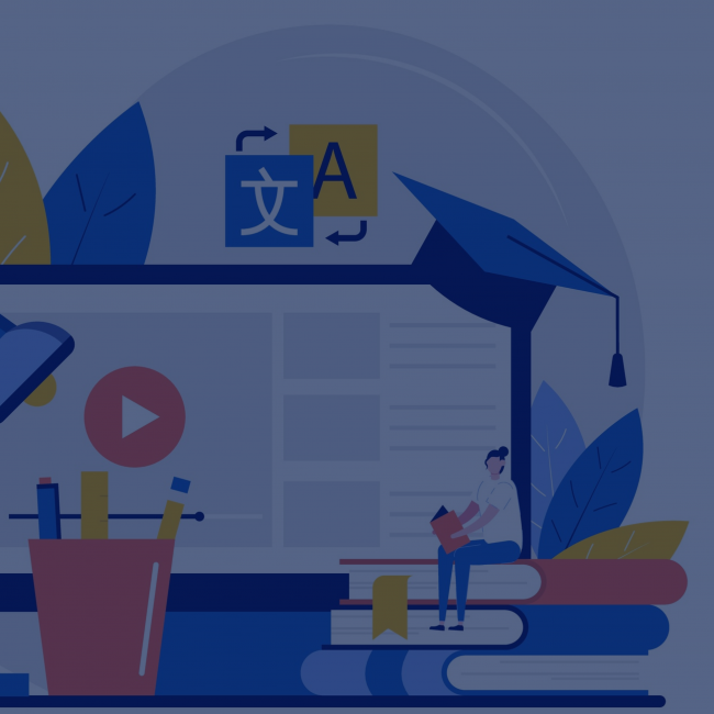 illustration of a desk with a desktop computer, lamp, pens, stack of books.  