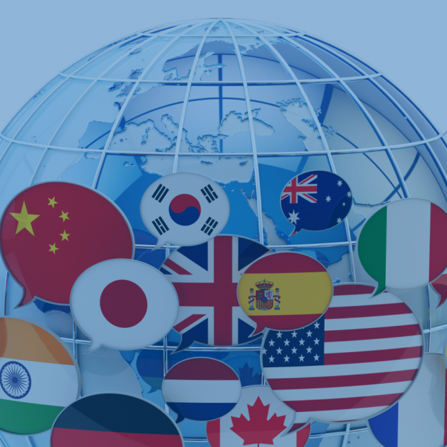 Graphic of circular versions of flags around a globe. 