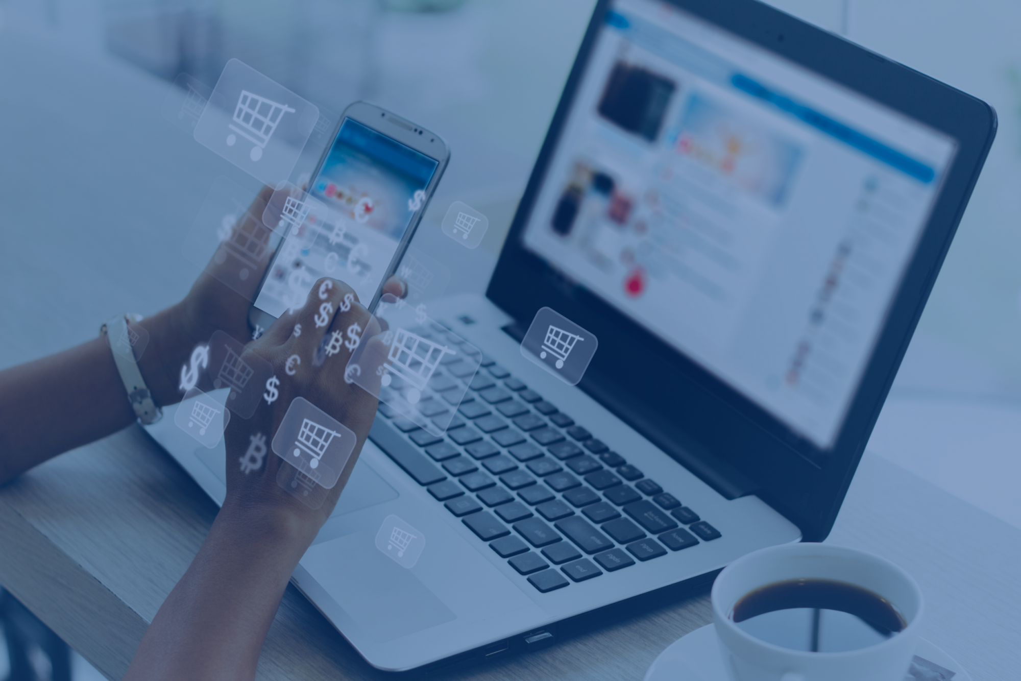 A person online shopping on their phone and laptop. Photo is overlaid with dollar signs and shopping cart icons.