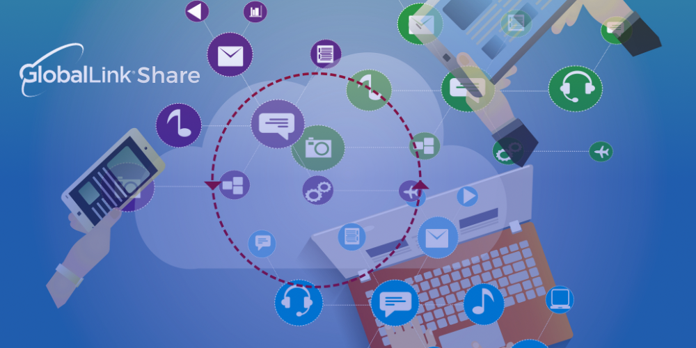 Illustrated graphic of laptops, a mobile phone, and various icons (speech bubbles, email icons, headset icons, etc.).