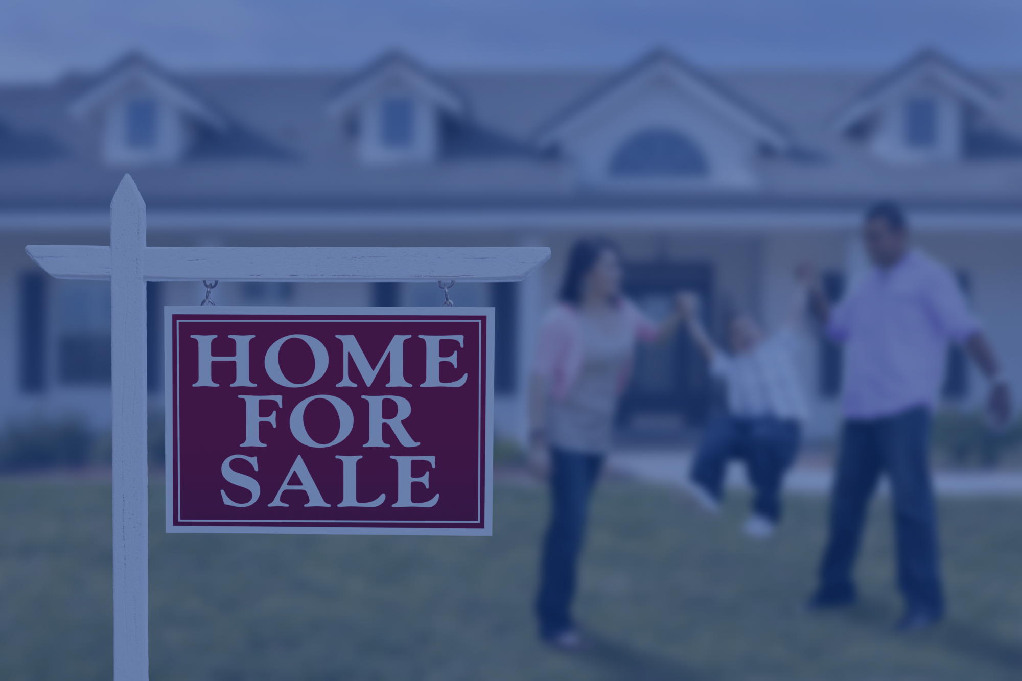 "Home for sale" sign in the foreground, a family of three standing in front of their new house in the background.