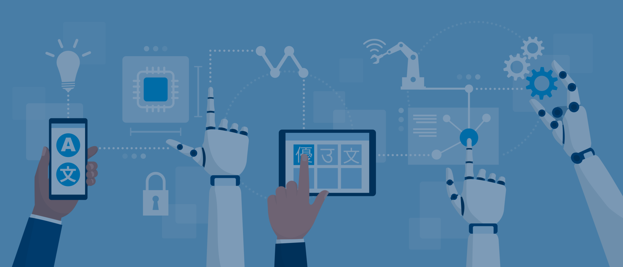 an illustration of human arms and robot arms (rest of bodies out of picture) interacting with digital tools.