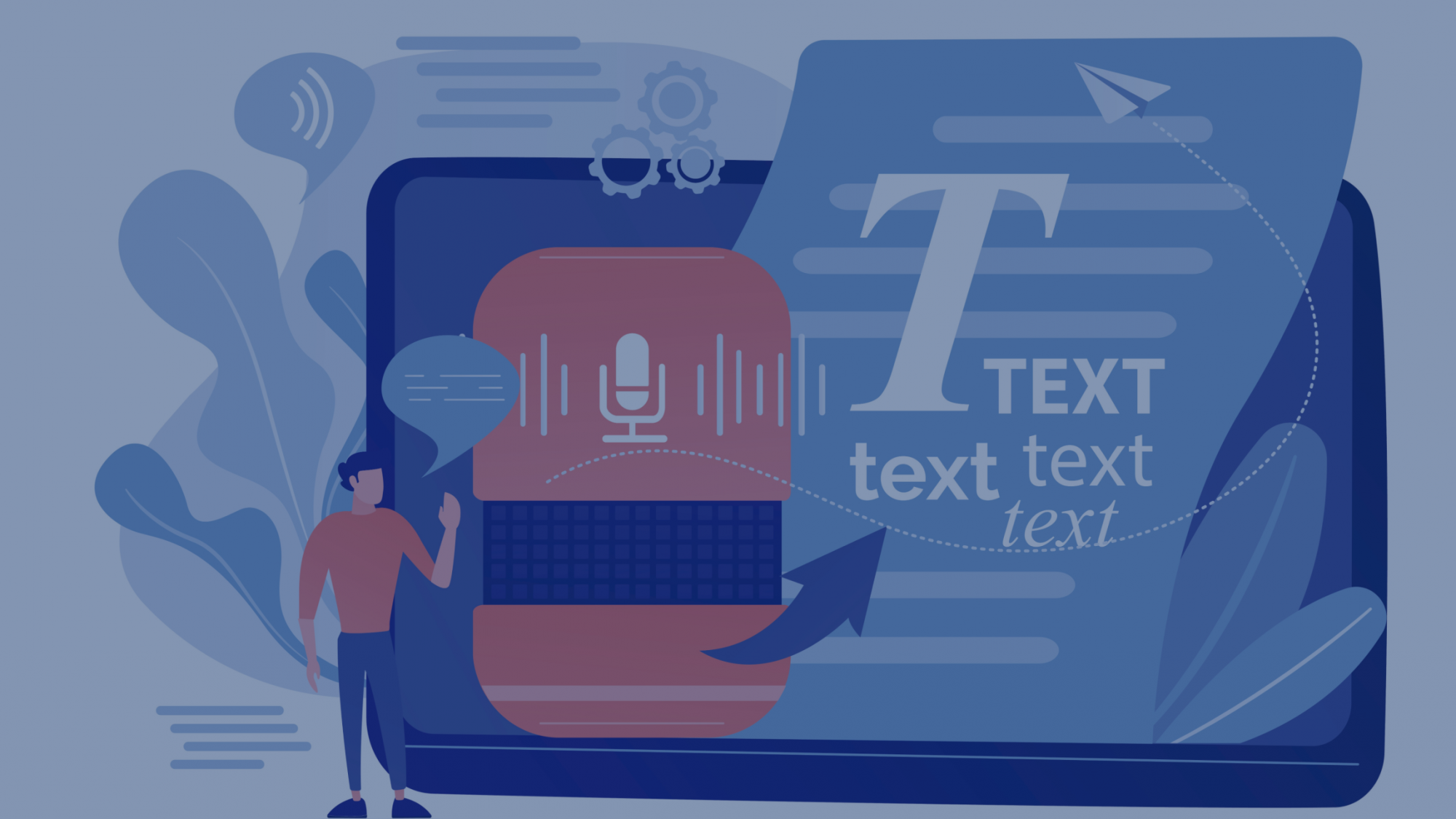Stylized illustration of a man standing next to a computer monitor. The monitor shows the computer recording the man's speech and transcribing it on a word doc.