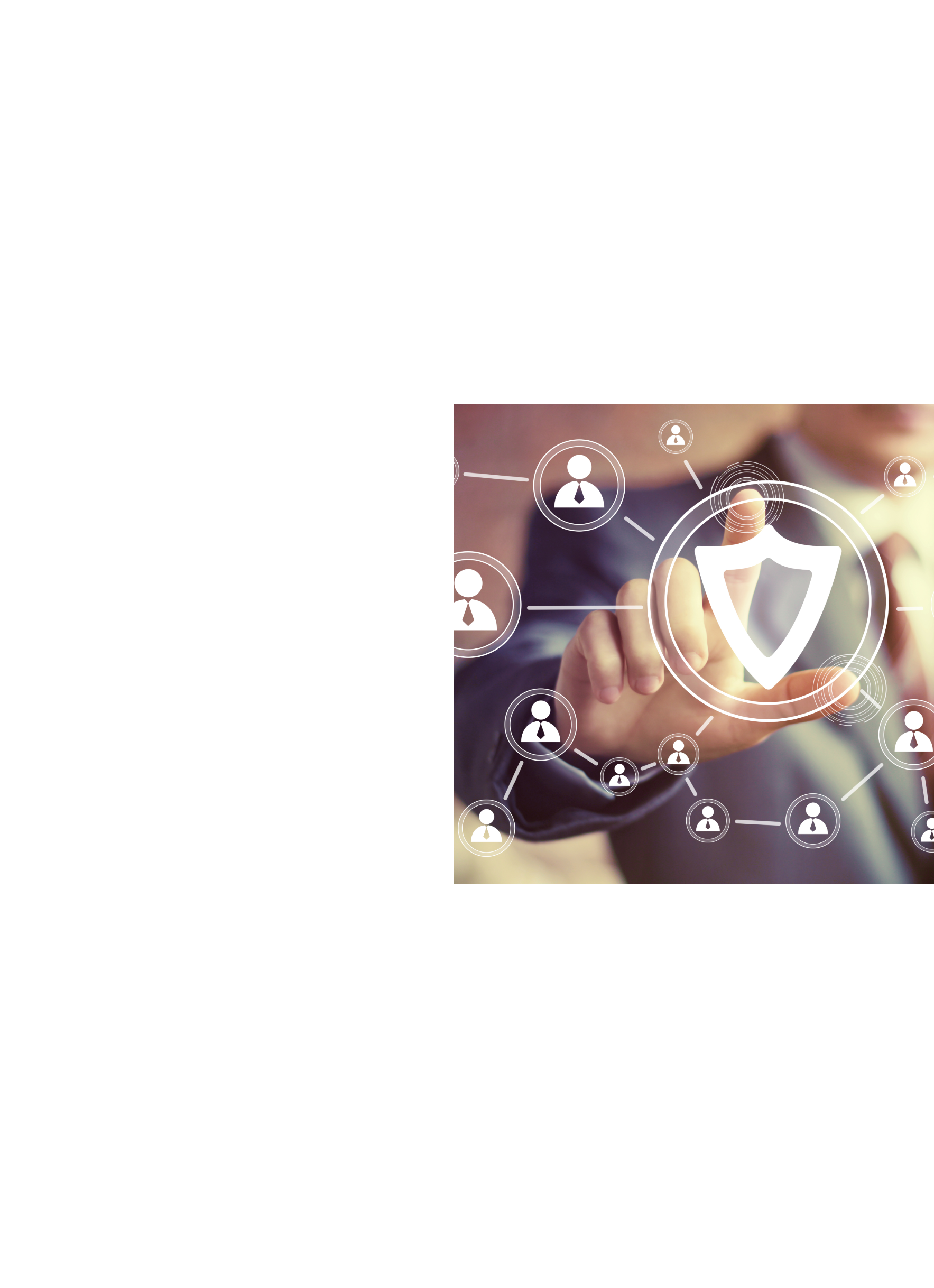 A lawyer pointing with a security icon and a web of profile icons overlaid on the photo.