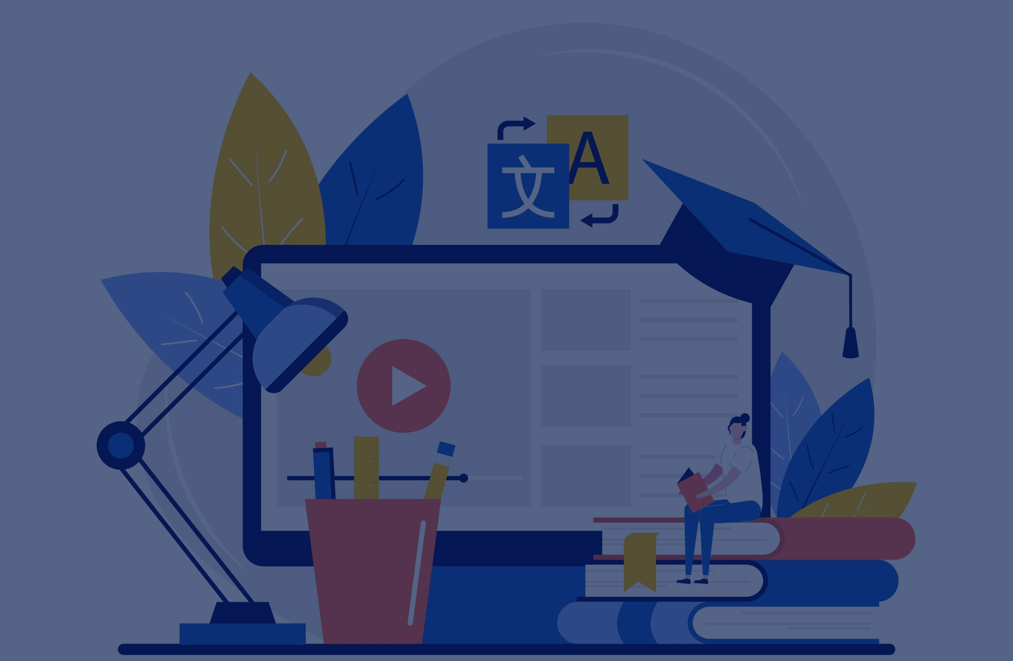 illustration of a desk with a desktop computer, lamp, pens, stack of books.