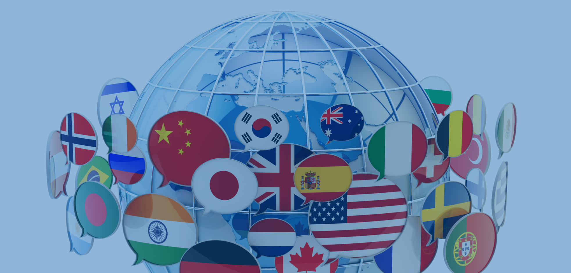 Graphic of circular versions of flags around a globe.